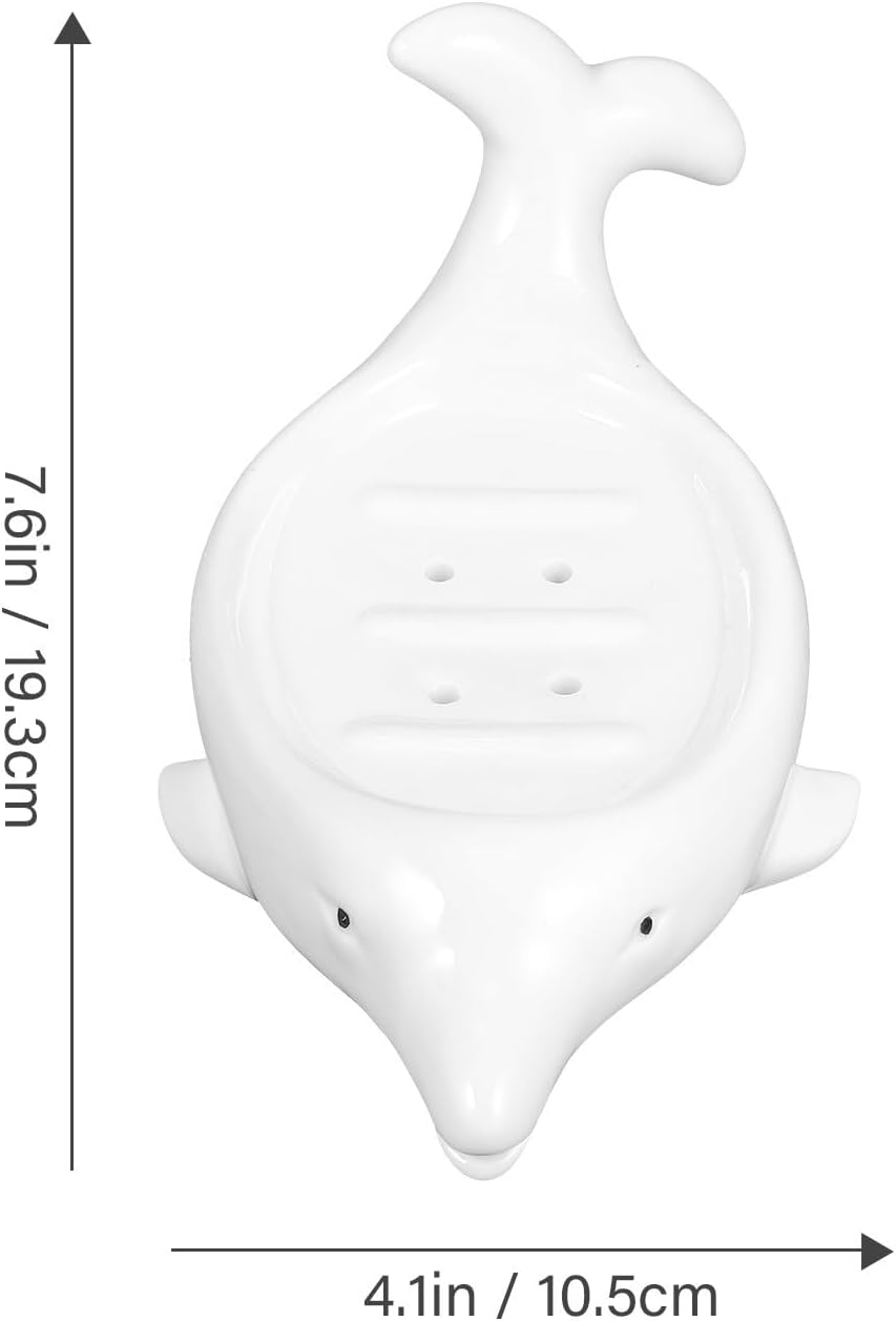 Ceramic Soap Dish Dolphin Shape with Self-draining Spout Decorative Bathroom Soap Holder for Shower Sink Use