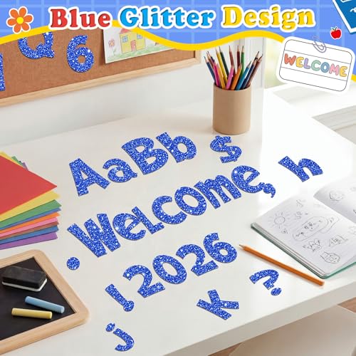 Image of Colarr 144 Pcs Glitter Bulletin Board Letters for Classroom Number Alphabet Punctuation Symbol Cutout 4'' Die-Cut Poster Letter with Adhesive Dot School Party Holiday Decor Display(Blue)