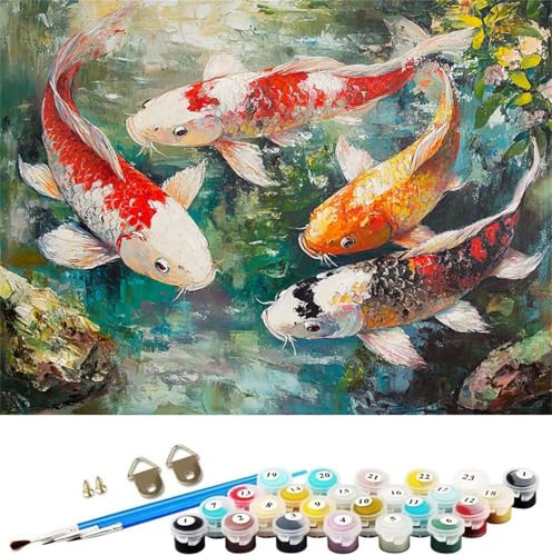 Peinture Numero Adulte poisson rouge Peinture par Numero Enfant Montagne Peinture au Numéro,DIY Creatif Adulte Toile Peinture à l'huile Kits,Acryliques et Pinceaux,Débutants et Femme 30x20cm M-1170