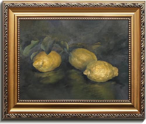 Kizbok Gold Framed Wall Art for Home Decor, Vintage Lemon Still Life Oil Painting, Classical Wall Decor Watercolor Fruit Canvas Prints, Antique Cottagecore Kitchen Decor Framed Art for Living Room Bathroom Gallery Decoration - 9x12inch
