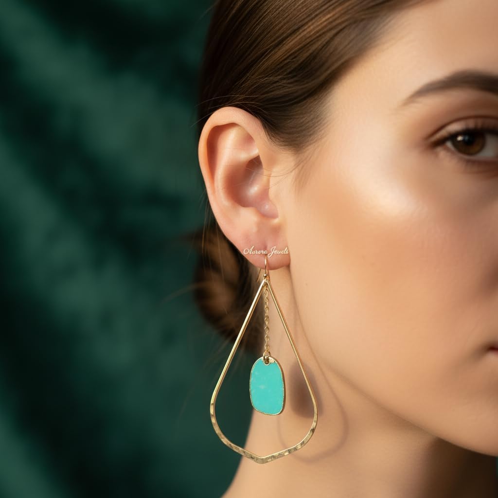 Gold Dangle Earrings with Turquoise Stone, Teardrop Statement Earrings, Lightweight Chain Drop Earrings for Women