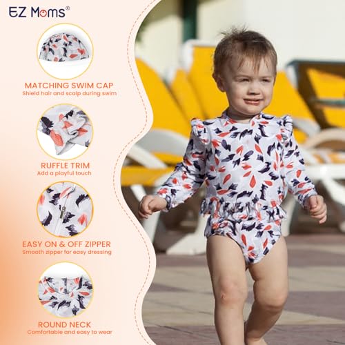 EZ Moms Baby Toddler Swimsuit Girl UPF 50+ Long-Sleeve One Piece Zipper Baby Beach Swimwear Sunsuit Ruffle with a Swim Cap2