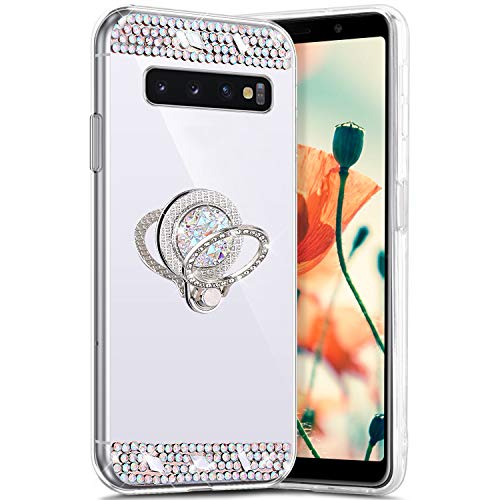 Robinsoni Case Compatible with Samsung Galaxy S10 Phone Cover Flexible Samsung Galaxy S10 Case Sparkle Silicone Case TPU Diamond Edge Bling Case 360 Degree Rotation Ring Cover Thin Bumper Case Silver