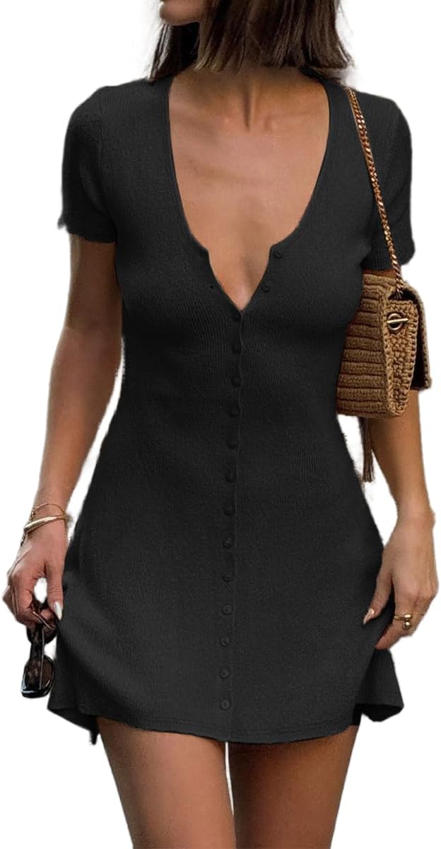 LOFAAC Women Sexy V Neck Button Down Knitted Short Dress Slim Fit Cap Sleeve Flowy Swing Going Out Mini Dress Summer