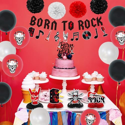 Image of Crenics Rock and Roll Birthday Party Decorations, Happy Birthday Backdrop | Born to Rock Banner, Swirls, Honeycomb, Paper Pom Poms and Balloons for Star Music Rock and Roll Decorations