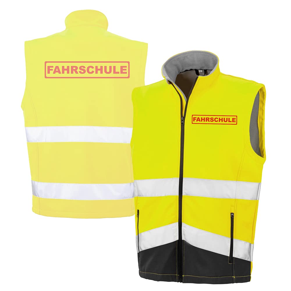 FAHRSCHULE Sicherheitsweste GELB aus Softshell - Gelb Warnweste nach EN ISO 20471 zertifiziert - Unisex und hochwertigem Reflektorstreifen