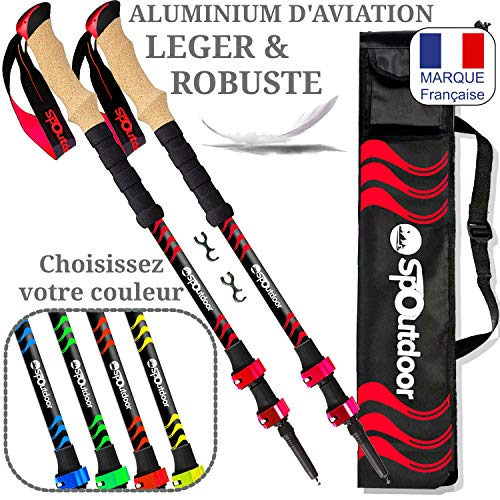 SpOutdoor Bâtons de Marche Randonnée Télescopique Bleu - Aluminium 7075 Léger et résistant - Ajustement Rapide et Simple par Clips - Baton Rétractable - Poignée en Liège (Rouge)