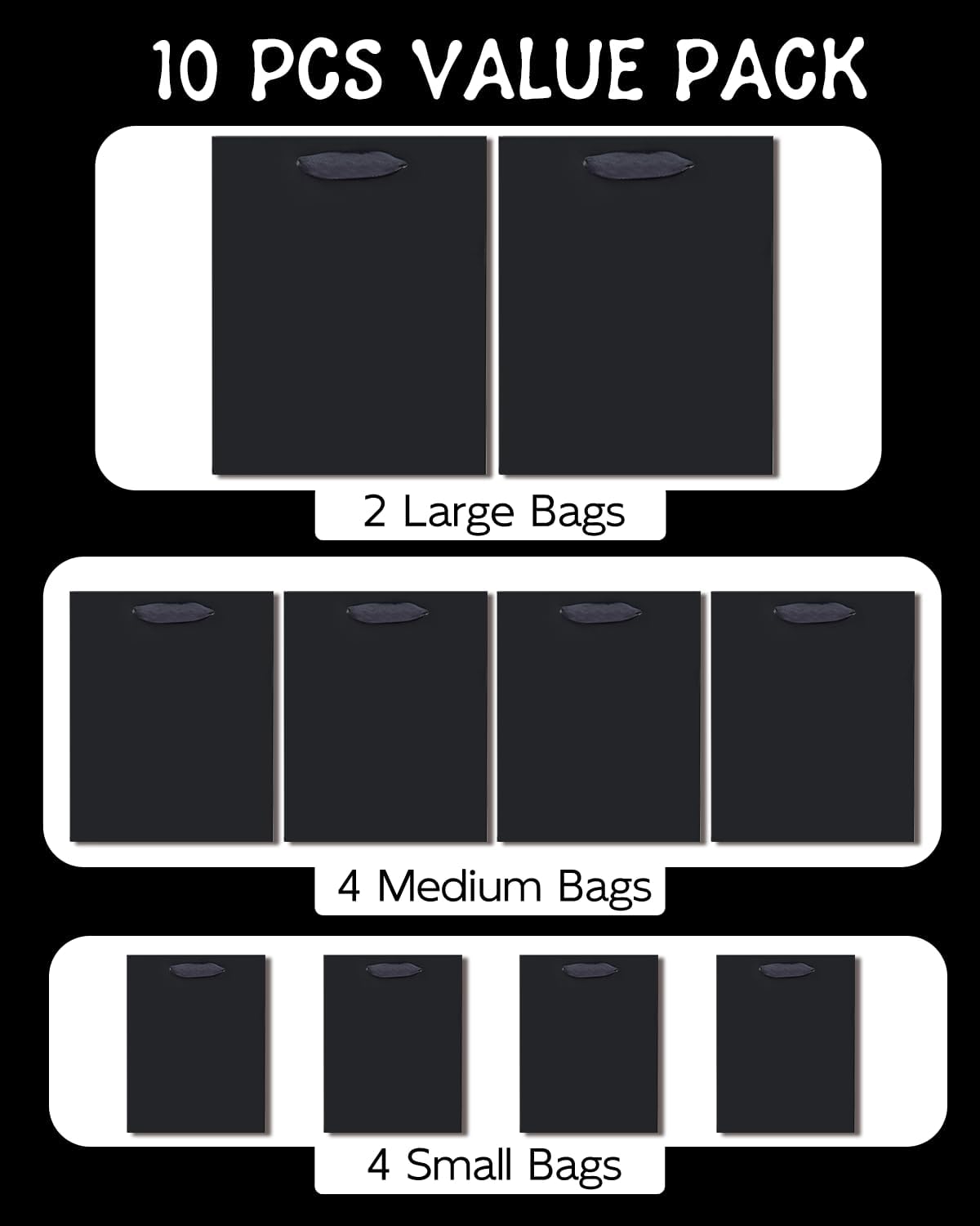 qiqee Black Gift Bags with Tissue Paper Mulit Assorted Sizes 10PCS Present Party Favor Birthday Bags(2pcs Large 13", 4pcs Medium 9", 4pcs Small 6" Bags,Tissue Paper)