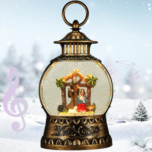Christmas Nativity Snow Globe, Nativity Musical Snow Globe Lantern Lights with 6H Timer Battery & USB Powered, Retro Style Holiday Glitter Globe for Xmas Home Decoration Holiday Party Gifts