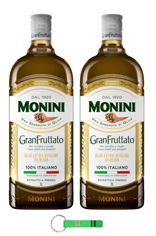 Monini GranFruttato - Aceite de oliva virgen extra (2 unidades, 100% italiano/Olio Extravergine di Oliva 1Lt + llavero Beni Culinari gratuito)