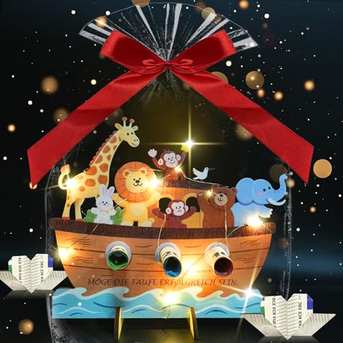 VEEKAY Bebé de batismo presente de madeira, inclui uma faixa de luzes LED de um metro de comprimento e uma fita, barco de madeira com base, arca de Noé, presentes em dinheiro para o batismo de meninas