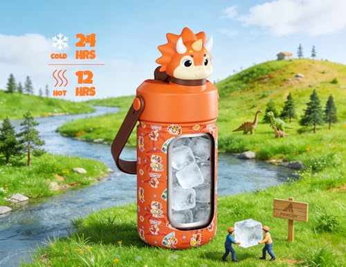 POWCAN 12 oz Kids Water Bottle Insulated: 2-in-1 Straw Spout Lid with Soft Animal Head, BPA-Free, Leakproof, Keep Cold 24H, Backpack Friendly, Stainless Steel Cup for School, Trip, Gift (Sunny Trike) - image 2