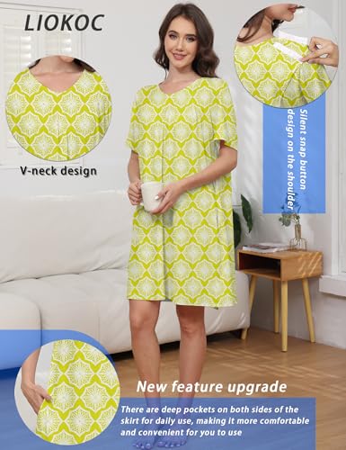 Image of Hospital Gowns for Women Open Back Tear Away Snap Post shoulder Dress Short Sleeve Soft Adaptive Clothing with Pockets