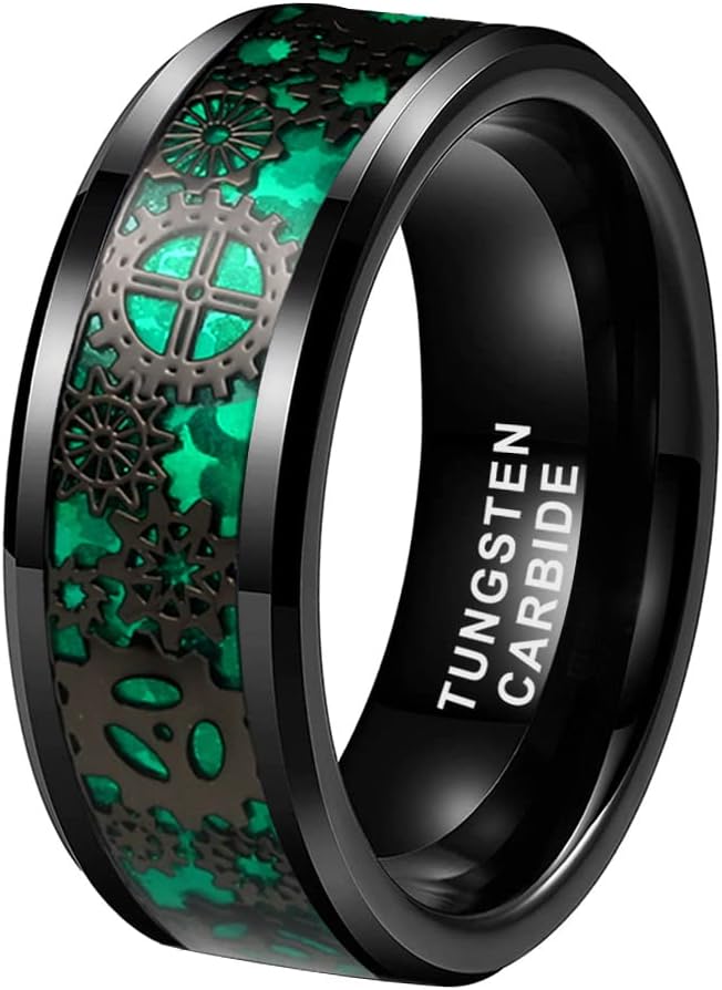 6mm 8mm Blue Red Green Carbon Fiber Steampunk Gear Inlay Tungsten Rings for Men Women Wedding Bands Beveled Edges Polished Comfort Fit