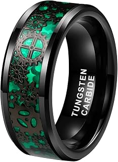 6mm 8mm Blue Red Green Carbon Fiber Steampunk Gear Inlay Tungsten Carbide Rings for Men Women - Comfort Fit Wedding Bands