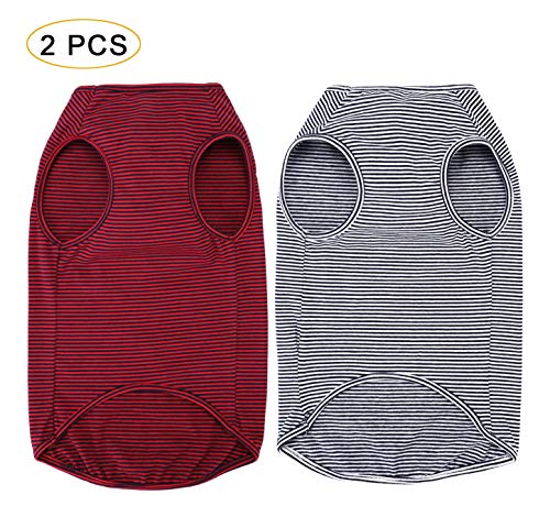 WEONE Dog Striped Cotton T Shirts,Pet Breathable Soft Basic Vest,Black+Red,Medium