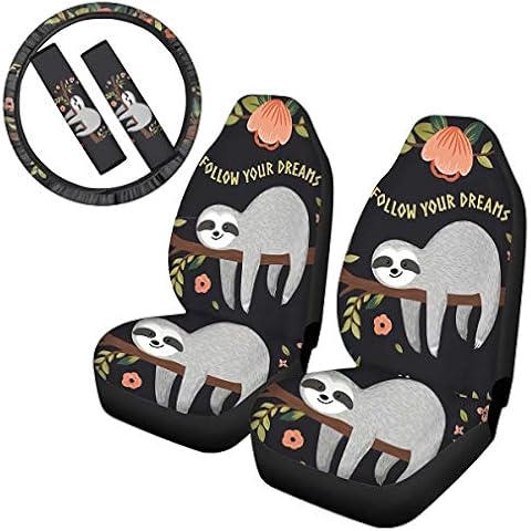 chaqlin Full Set of 5 Pack Cute Sloth Car Front Seat Covers Steering Wheel Cover Seat Belt Pads for Womens Ladies Auto Interior Accessiores Decor,Universal Fit Cover