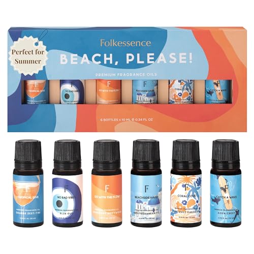 Folkulture Beach Essential Oil Set of 6 | Summer Essential Oils for Diffusers for Home Humidifiers Aromatherapy | Neroli Grapefruit Fragrance Oil for Diffuser Candle Soap Making - Summer Vibes
