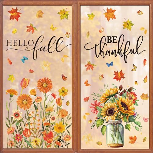 Quera Fall Window Clings - Thanksgiving Decals, Autumn Leaves Stickers, Butterfly Sunflower Vase Flower Decorations for Home Party Supplies Glass (6 Sheets)