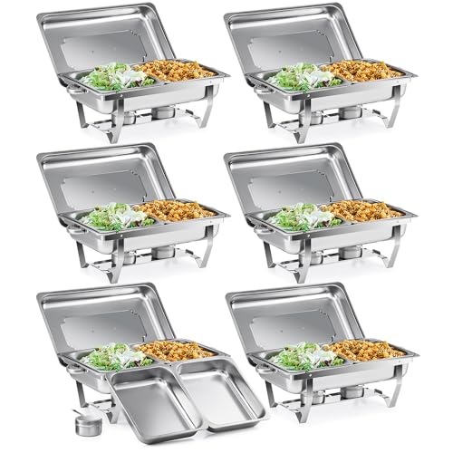 WILPREP Chafing Dish Buffet Set, 9L Rectangle Stainless Steel Food Warmer Container with Lids Food Pans Bain Maries and Fuel Holders for Catering, Buffet and Party (Set of 6 1/2 + 1/2 GN Containers)