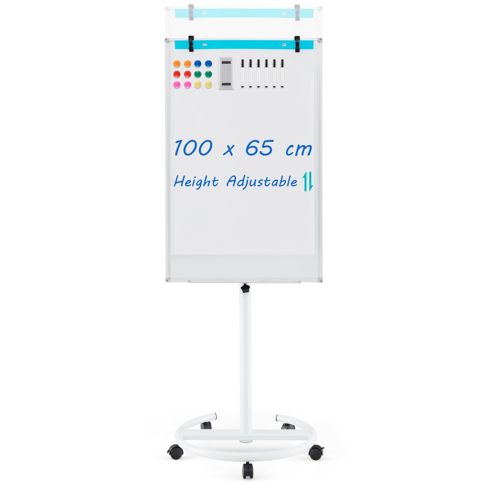 COSTWAY Flip Chart Mobile Whiteboard, 100x65cm Height Adjustable Dry Erase Board with Stand, Paper Clips, Magnets, Markers and Eraser, Standing Magnetic Whiteboard for Home Office School (White)