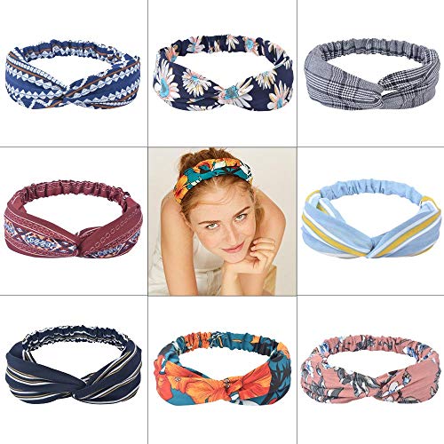 Sinland Boho Headbands for Women 8 Pack Vintage Elastic Printed Hair Band Cross Elastic Head Wrap Twisted Cute Hair Accessories