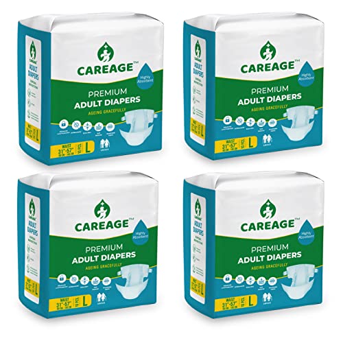 CAREAGE Premium Adult Diaper Large, Waist Size (31"-57"), Tape Style, Unisex, High Absorbency, Leak Proof, Wetness Indicator, Pack of 4 (B09M4CHY9Z) Amazon Price History, Amazon Price Tracker