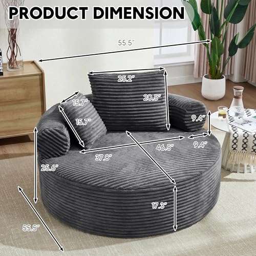 Image of Oversized Round Chair Lounge Chaise Indoor, 55.5 inch Upholstered Corduroy Deep Seat Single Cloud Sofa Chair, Fluffy Modern Large Circle Boneless Sleeper Sofa for Living Room, Bedroom, Dark Grey