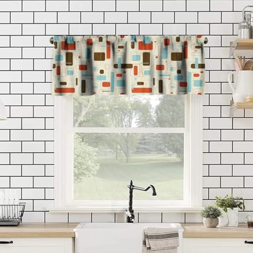 Image of Retro Abstract Geometric Window Valance Curtain, Vintage Shapes Mid Century Colorful Boho Style Window Treatment Valances for Kitchen Living Room Cafe Decor 54'x18', 1 Panel