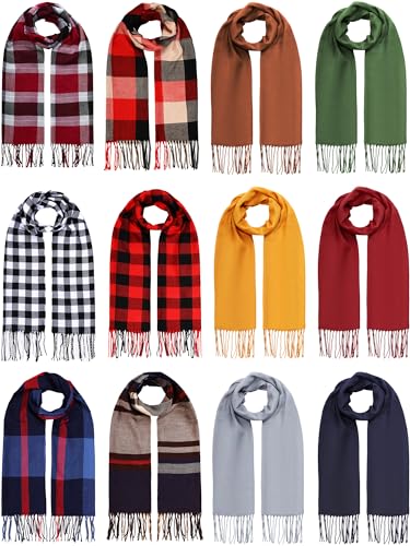 Suhine 12 Pcs Women Men's Scarf Bulk Winter Warm Shawls and Wraps Soft Large Solid Color Plaid Scarf and Wraps Tassel Edge 13.7 x 78.7 Inch