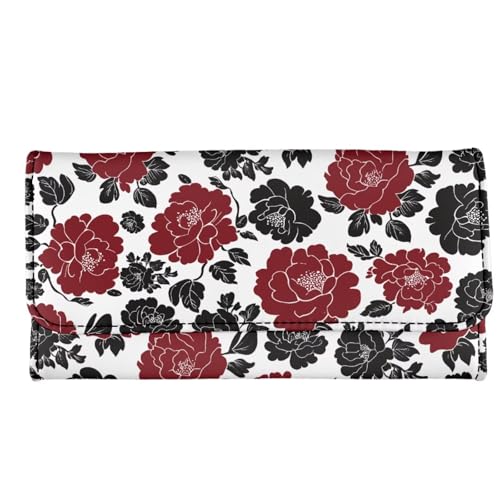 Red Camellia Flowers Slim Clutch Wallets for Women Billfold Wallets Purse, Drawing Floral Money Organizer PU Leather Credit Card Holder with ID Window2
