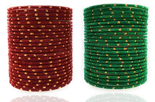 Velvet & Glass Bangle Set (Maroon & Green) Pack of 48