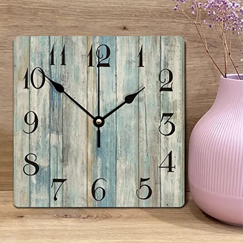 Vintage Wood Clock Teal Watercolor Coastal Wall Clocks Turtles Hanging Clock Beach Bathroom Decor Battery Operated Silent Square Clock For Farmhouse Bathroom Office 15 Inch #TOP1