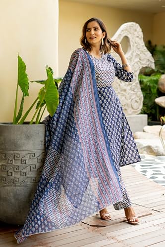 Image of MIRCHI FASHION Women's Straight Fit Pure Cotton Embellished Floral Printed Kurta Set with Dupatta and Trouser