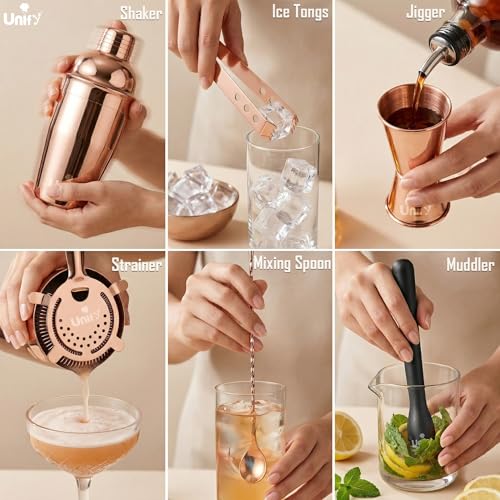 Image of Unify 6 Pieces Stainless Steel Bartender Kit | Rose Gold Cocktail Shaker Set for Home Bar & Parties | Includes Peg Measurer 30 /60ml, Bar Spoon, Ice Tong, Muddler, Strainer | Professional Bar Tool Set