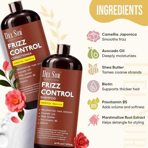 Image of DEL SUR Frizz Control Shampoo and Conditioner Set | 16 fl oz Each | with Camellia Japonica, Shea Butter & Avocado Oil | Smoothing & Anti Frizz for Curly, Wavy & Straight Hair