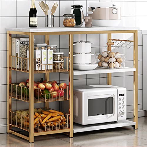 Versátil soporte de metal para microondas con mesa de madera, elegante y solución de almacenamiento para isla de cocina y estante de panadería, diseño de ahorro de espacio para un fácil acceso