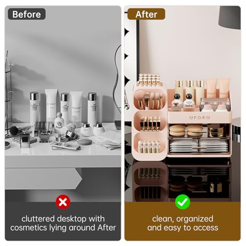 Image of UFORU Makeup Organizer for Vanity with Brush Holder, Large Capacity Bathroom Countertop Skincare Organizer with 2 Drawers, Cosmetic Display Case for Perfumes, Eyeshadow Palettes, Nail Polishes