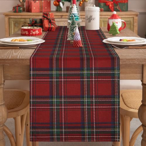 Runner da Tavolo Natale Runner da Tavolo A Quadri in Bufalo Table Runner Lino Tovaglia per Home Decor per Decorazioni per La Tavola Natalizio Feste da Pranzo(40x140cm, Rosso Scuro.) - immagine 6