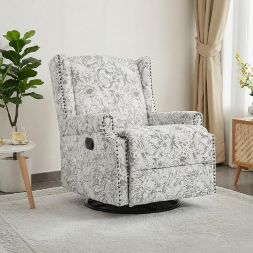 Image of Swivel Rocker Recliner Chair, 360 Swivel Wingback Recliner Chairs for Adults, Upholstered Glider Rocking Chair with High Back, Deep Seat for Living Romm Bedroom, Rococo Light Gray