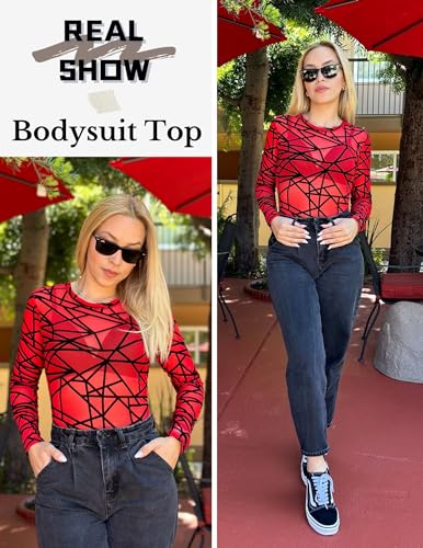 Image of Avidlove Womens Mesh Long Sleeve Bodysuit Round Neck Sheer Leotards Geo Print Bodysuit Top with Snap Crotch