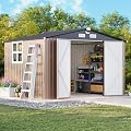 MXV 10 x 8FT Outdoor Storage Shed, Metal Garden Shed with Windows, Double Lockable Doors & Sloped Roof, Magnetic Solar Lamp, Waterproof Tool Sheds for Backyard Garden Patio Lawn, Brown