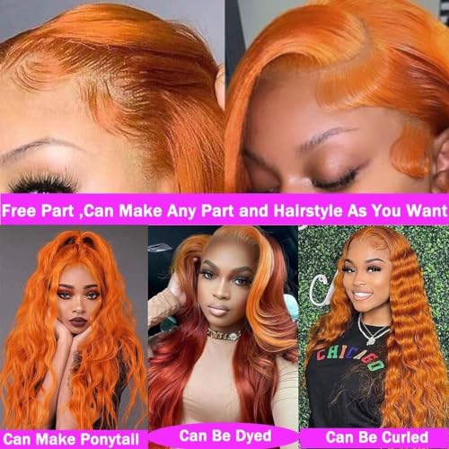 Image of 30 Inch Lace Front Wig Human Hair Pre Plucked 13X4 Ginger Orange Body Wave Human Hair Wigs for Black Women HD Lace Frontal Wig 180% Density