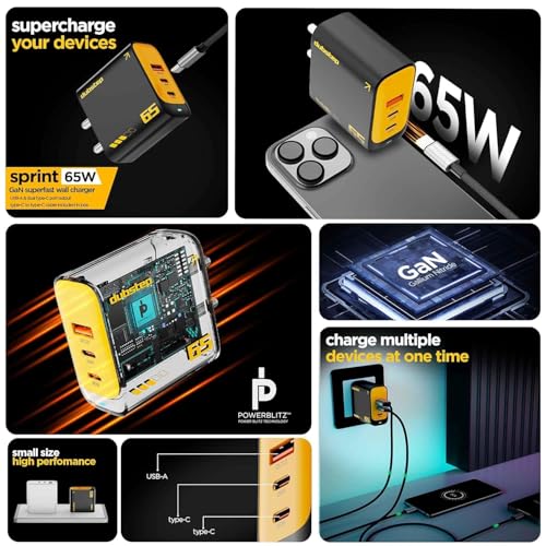 Image of Dubstep Sprint 65W GaN Superfast Wall Charger with Type-C to Type-C Cable, 65W Output Compatible with MacBook & Type-C Laptop Charging, iPhone, Samsung, OnePlus, Nothing (Black /Yellow)