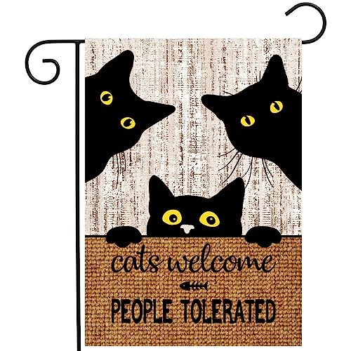 Black Cat Garden Flag Cats Welcome People Tolerated Sign Flag Halloween Banners for Outside 12 X 18...