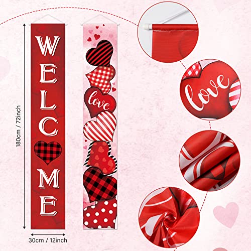 2 Pcs Valentine's Day Door Banner Decoration Valentine Hanging Front Porch Welcome Sign Red Buffalo Plaid Love Heart Banner Romantic For The Home Wall School Office Indoor Outdoor Party Supplies Decor #TOP1