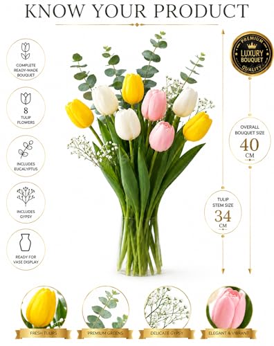 Image of Divyakosh Artificial Flowers for Vase (Vase Not Included)- Luxury Tulip Flower Bouquet with Eucalyptus & Baby's Breath, Faux Floral Arrangement for Home Decor, Living Room, Wedding Decoration, Office
