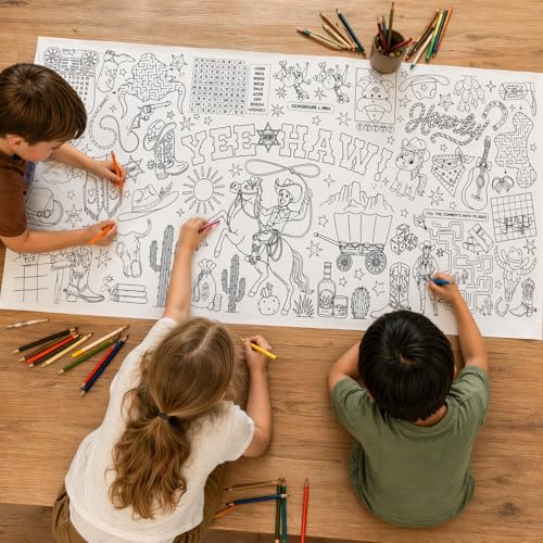 Image of Western Giant Coloring Poster for Kids 30x72 Inch, First Rodeo Large Coloring Poster Tablecloth, Cowboy Cowgirl Themed Color-in Activities Games for Kids School Classroom Home Birthday Party Decors