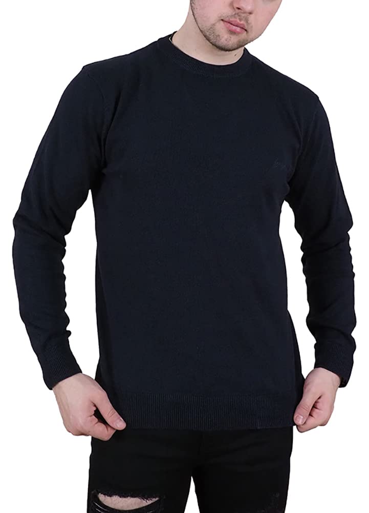 Enzo Moretti Men's Navy Crew Neck Knitted Jumper 100% Cotton Branded Essential Classic Fit