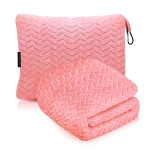 Travel Blanket and Pillow – Ultra Soft Lightweight Compact Blanket for Airplane, Car, Bus, Travel – Portable Cozy Fleece for Men, Women, and Kids – Pink, 42″ x 68″